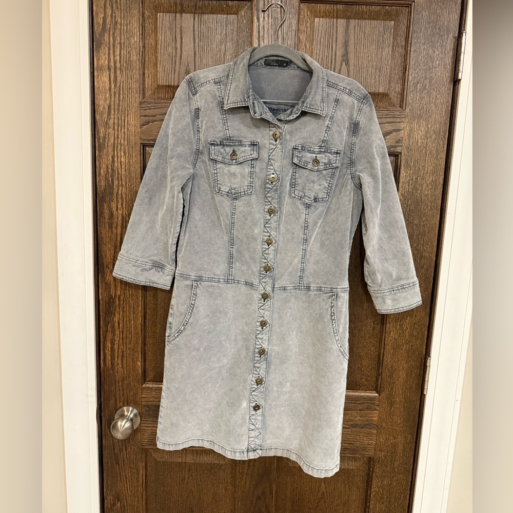 Prana Merrigan Gray/Blue Button Down Corduroy Dress 3/4 Sleeve Size Medium